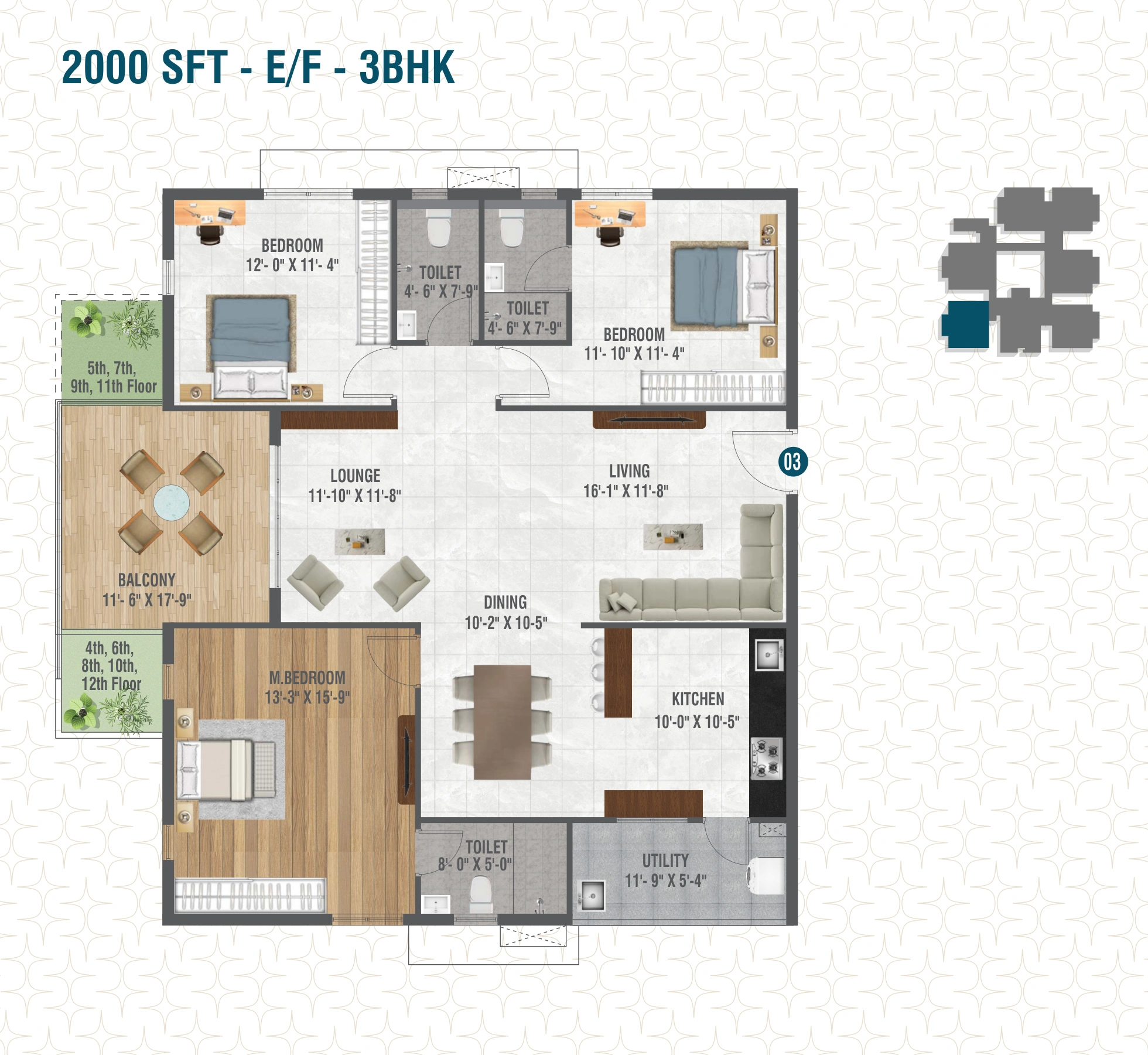 Flat 03 3 BHK 2000 SFT Floor Plan Risinia Scintilla