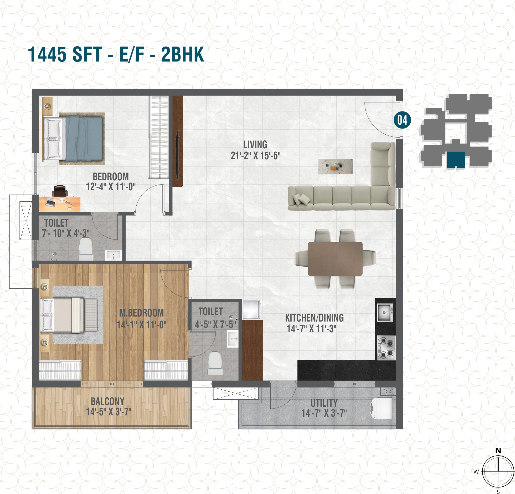 Flat 04 2 BHK 1445 SFT Floor Plan Risinia Scintilla
