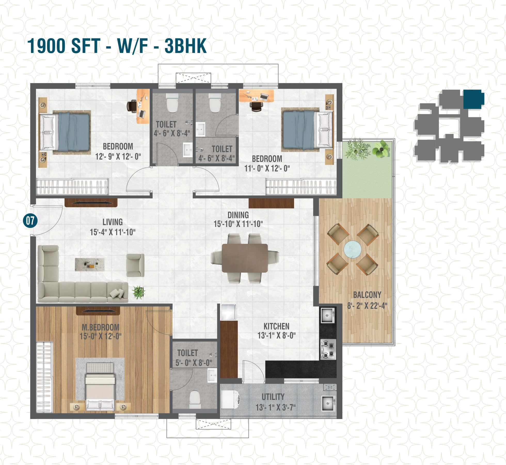Flat 07 3 BHK 1900 SFT Floor Plan Risinia Scintilla