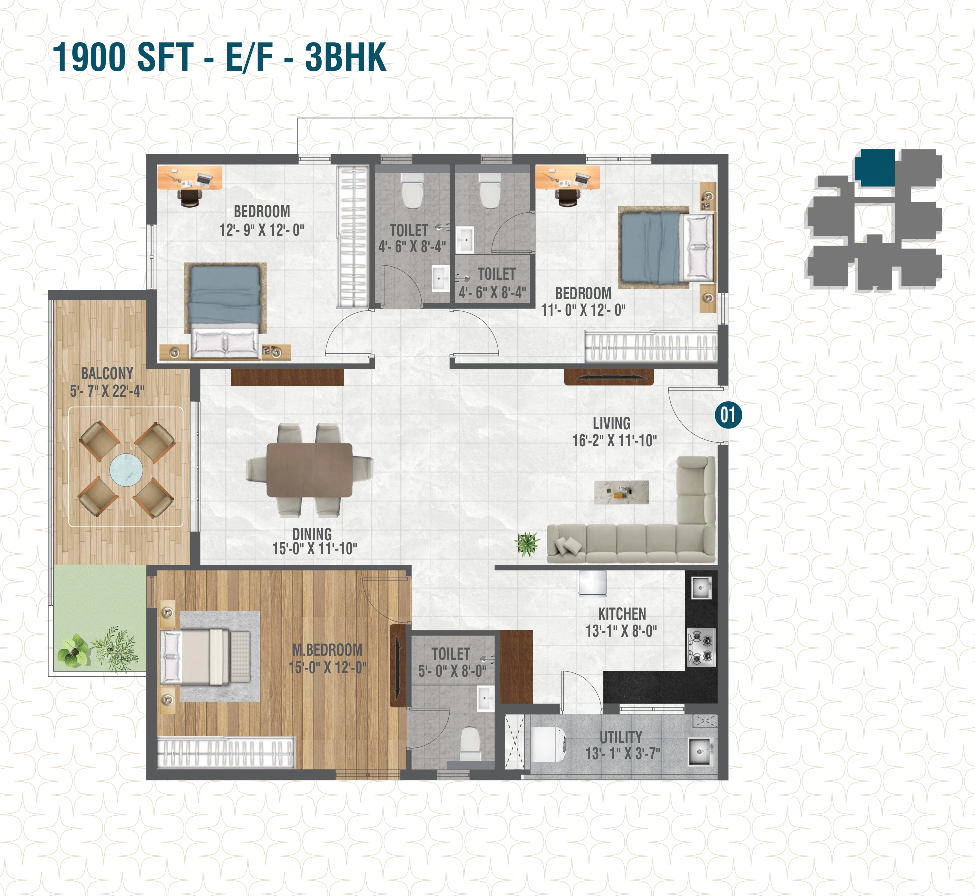 Flat 01 3 BHK 1900 SFT Floor Plan Risinia Scintilla